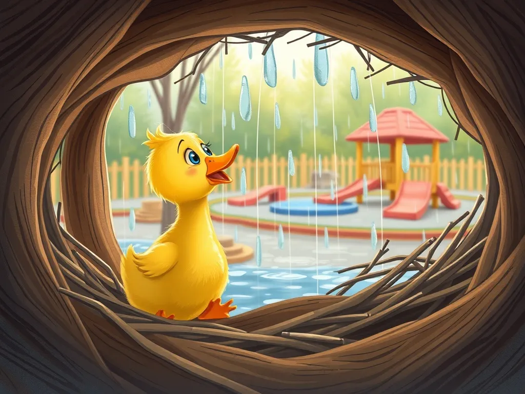 Daisy Duck's Playground Promise - Worried duck watching rain drift onto wet playground through nest opening