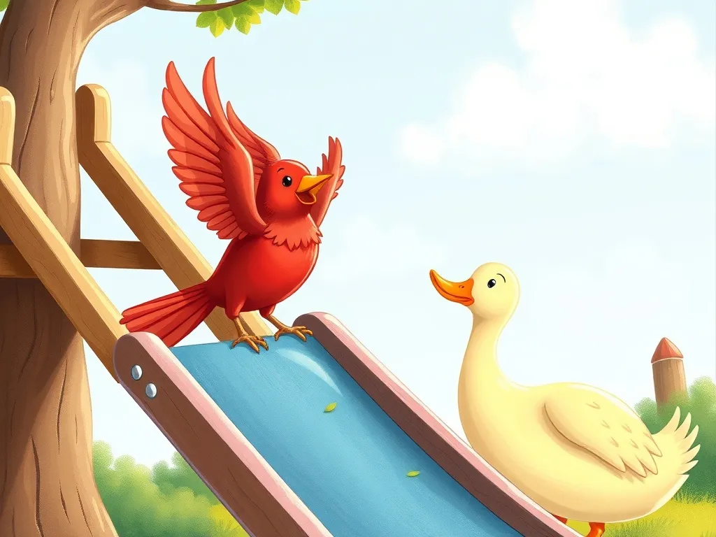 Daisy Duck's Playground Promise - Red bird hovering above slide, wings creating breeze while duck watches