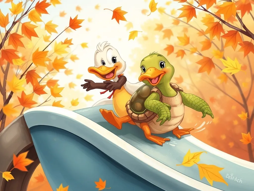 Daisy Duck's Playground Promise - Joyful duck and turtle zooming down slide together, surrounded by autumn leaves