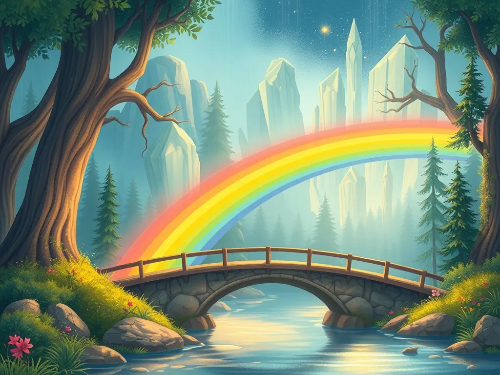 Daisy's Rainbow Bridge Adventure - Rainbow bridge glowing against misty crystal forest