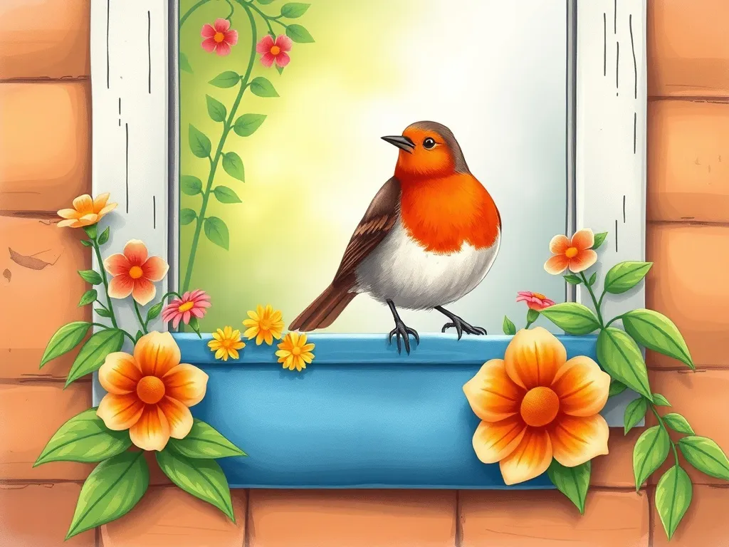 Dramatic Llama and the Cookie Rescue - Robin perched on colorful flower box outside window