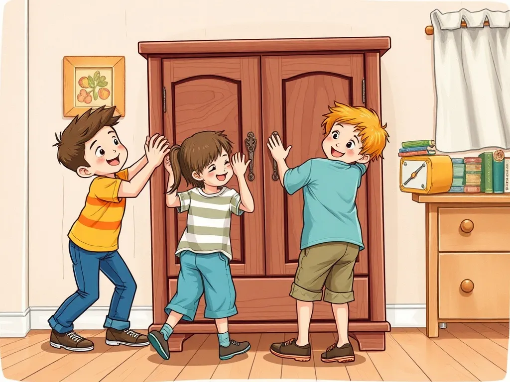 Dramatic Llama and the Cookie Rescue - Four friends pushing the heavy cabinet together