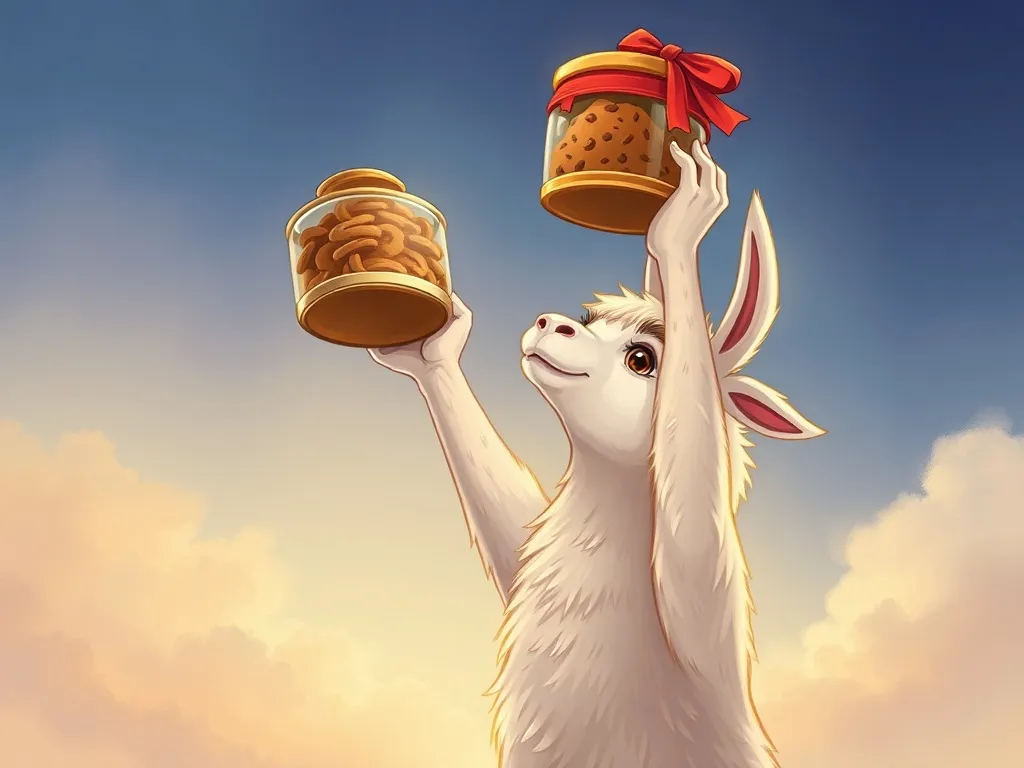 Dramatic Llama and the Cookie Rescue - Dramatic Llama holding cookie jar high overhead triumphantly