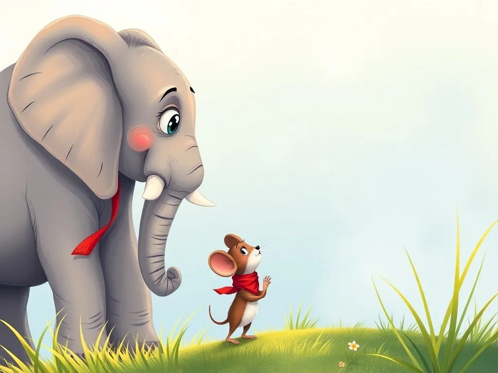 Eddie's Gentle Giant Journey - Tiny mouse in red bandana looking up at towering elephant