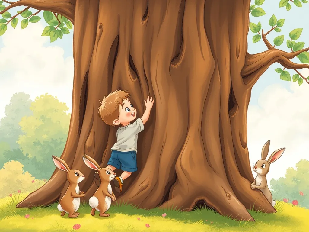 Eddie's Gentle Giant Journey - Eddie reaching carefully into tall tree while rabbits watch