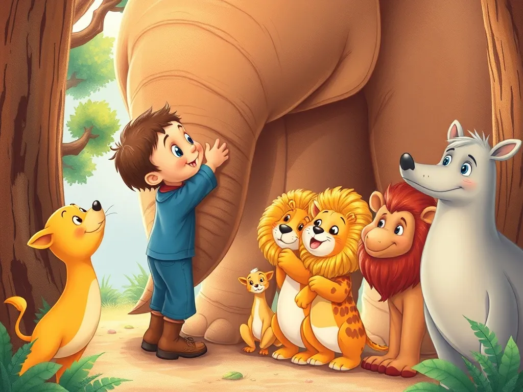 Eddie's Gentle Giant Journey - Eddie using trunk as elevator while animals line up excitedly