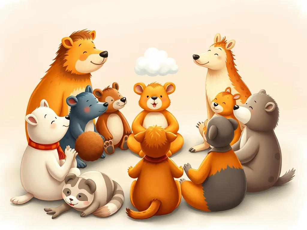 Eddie's Gentle Giant Journey - Diverse animal friends sitting in circle, Eddie teaching cloud-breathing