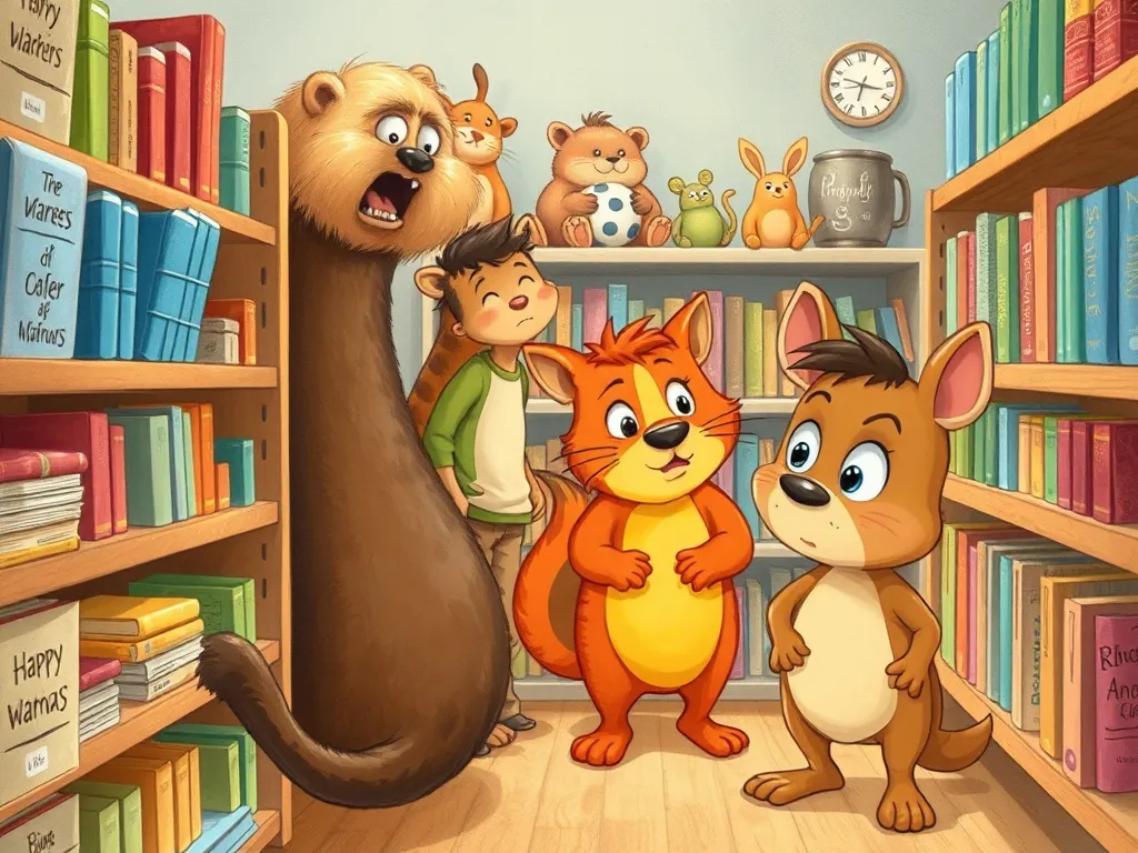 Eddie's Library Mix-Up: A Tale of Trunks and Tales - Confused animals searching shelves while Eddie watches worriedly