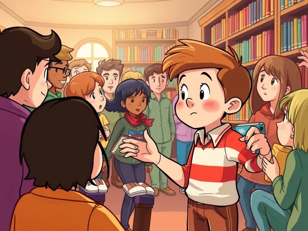 Eddie's Library Mix-Up: A Tale of Trunks and Tales - Eddie bravely facing the library crowd while confessing