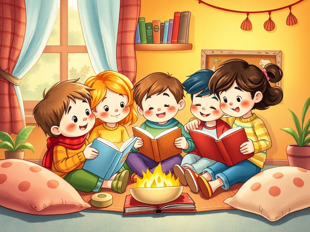 Eddie's Library Mix-Up: A Tale of Trunks and Tales - Eddie and friends sharing stories in a cozy reading circle