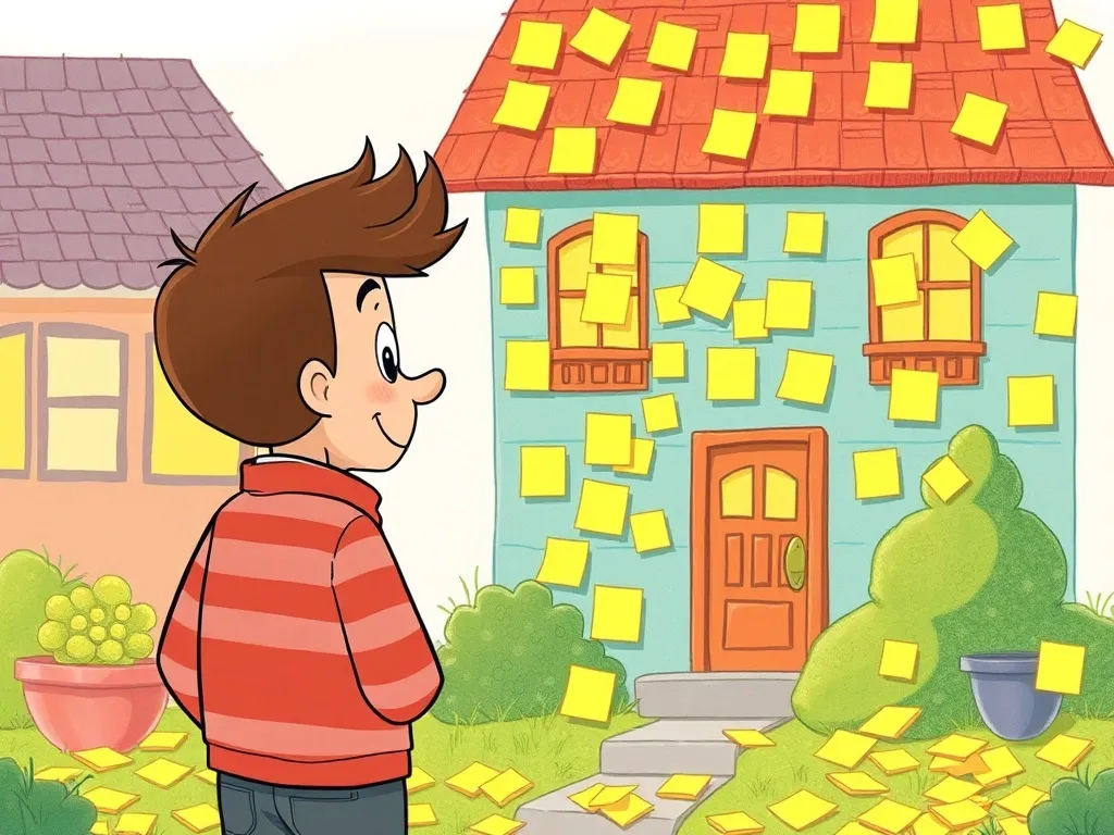 Edwin's Sticky Note Surprise - Edwin looking at sticky notes covering his house