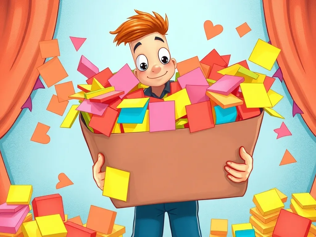 Edwin's Sticky Note Surprise - Edwin holding enormous box of colorful sticky notes