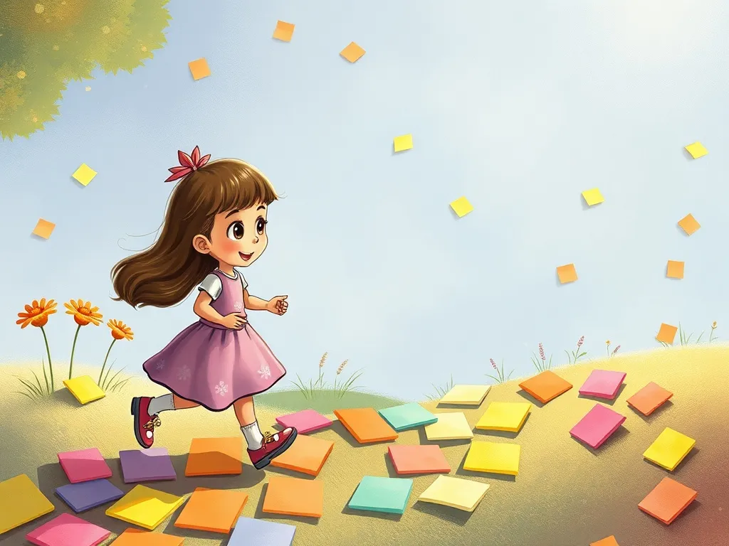 Edwin's Sticky Note Surprise - Mira walking along rainbow path of sticky notes