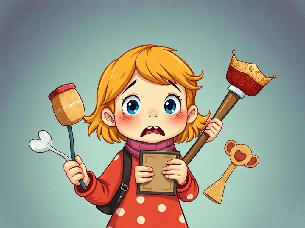 Ellie's Excellent Mix-Up Mystery - Ellie holding absurd wrong items with growing desperation