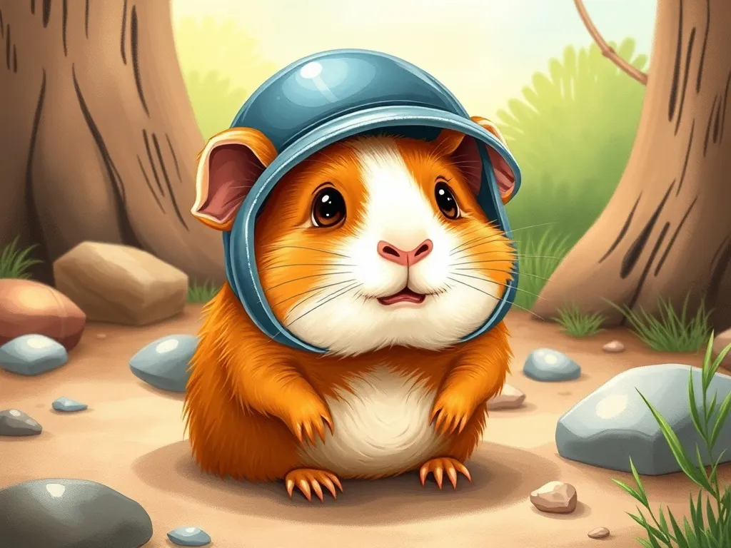 Elmer's Enormous Mix-Up - Ginger the guinea pig popping out wearing a bottle cap helmet