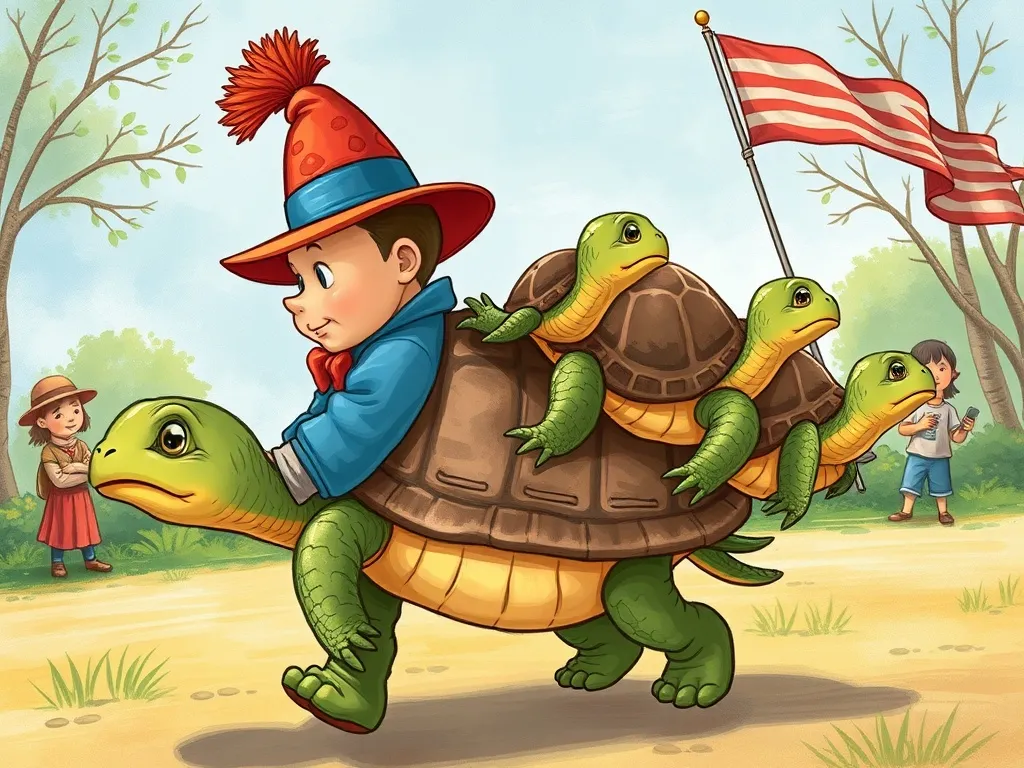 Elmer's Enormous Mix-Up - Elmer carrying tired turtles on his back during parade