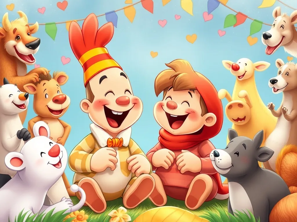 Elmer's Enormous Mix-Up - Elmer and Sammy laughing together surrounded by cheering animals