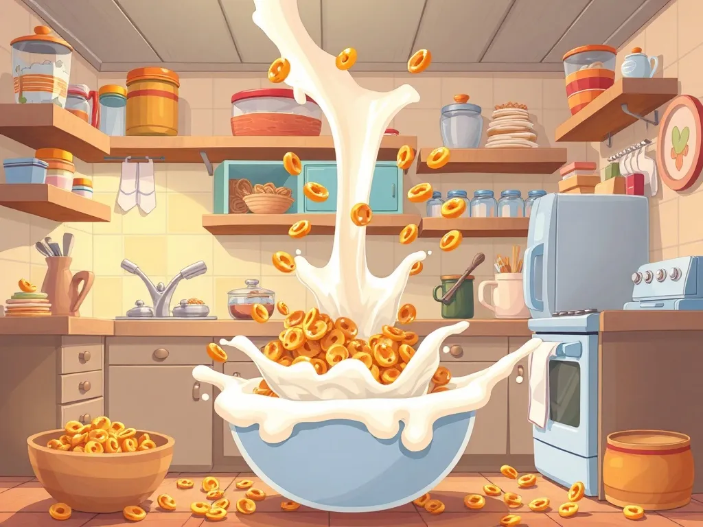 Elmer's Upside-Down Rescue - Chaotic kitchen with floating cereal and upward-pouring milk