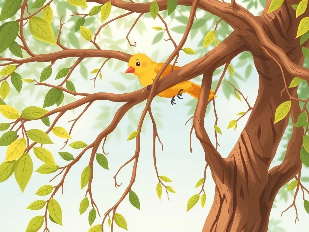 Elmer's Upside-Down Rescue - Yellow bird tangled in downward-growing tree branches