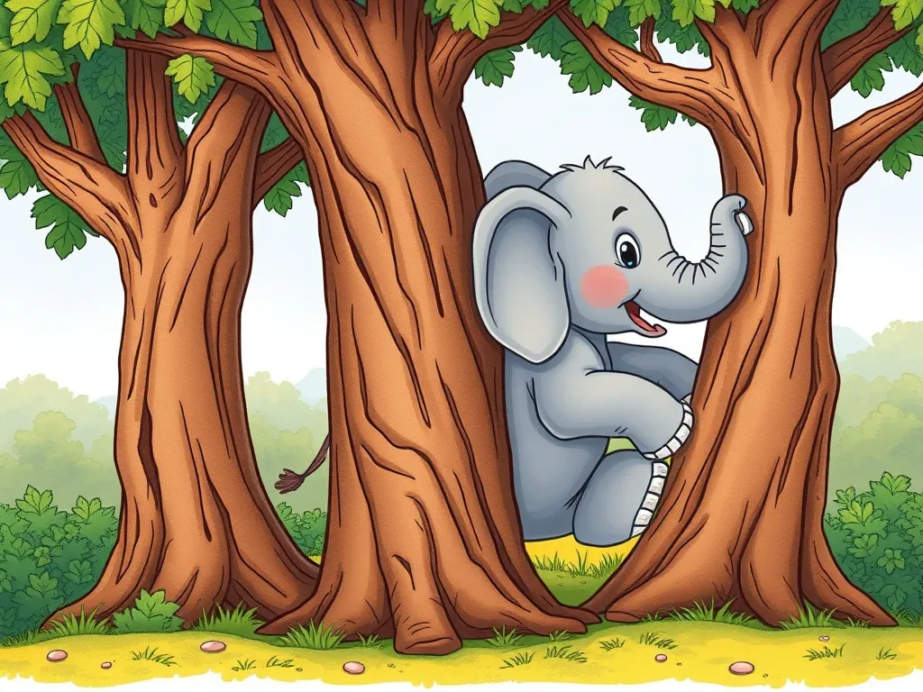 Elmer's Upside-Down Rescue - Elephant puzzled beside a twisting tree