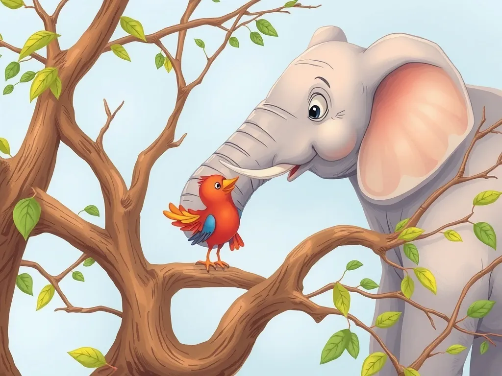 Elmer's Upside-Down Rescue - Elephant's trunk carefully reaching bird through twisted branches