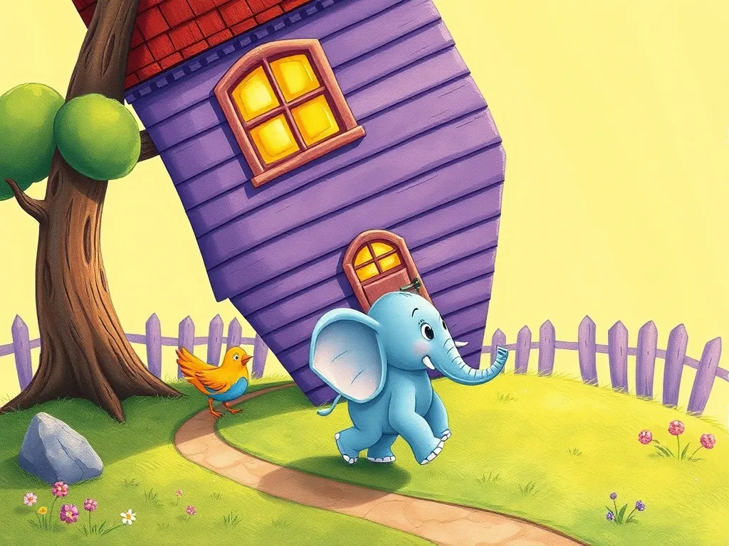 Elmer's Upside-Down Rescue - Elephant and bird walking toward purple upside-down house