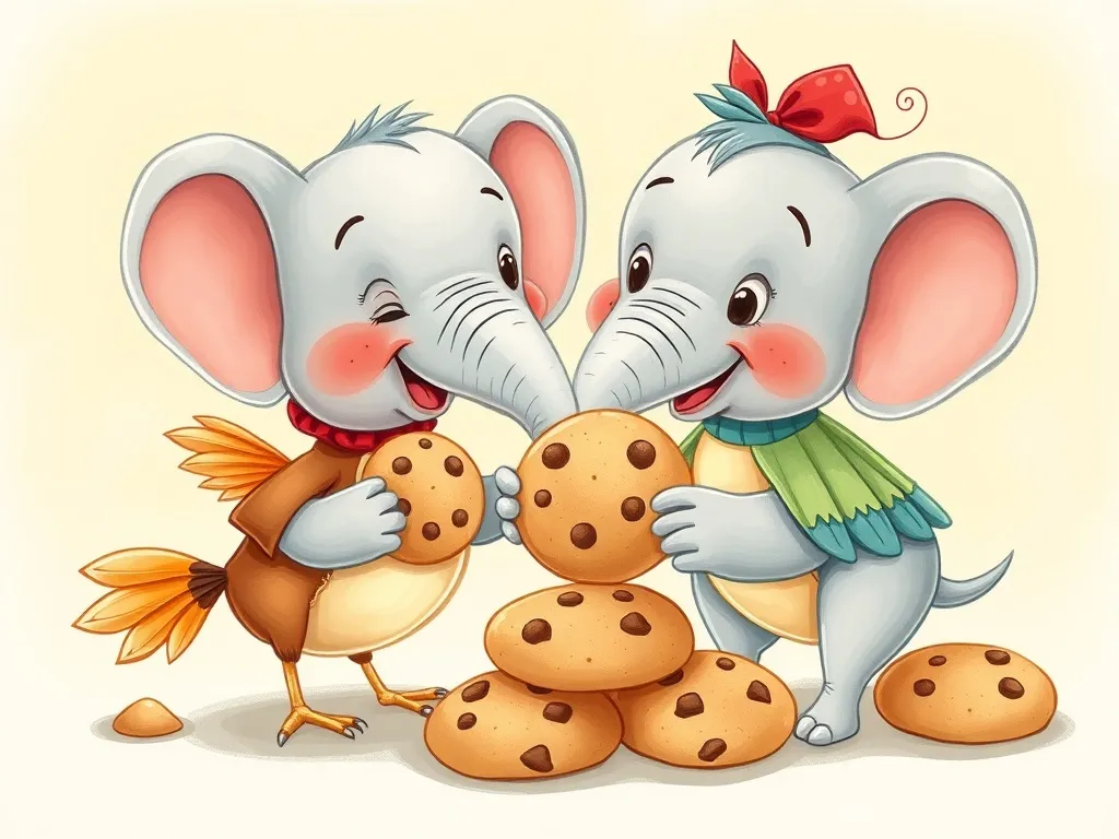 Elmer's Upside-Down Rescue - Elephant and bird sharing lumpy cookies together happily