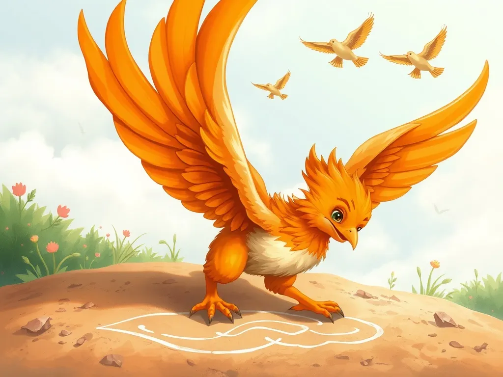 Ember's First Flight - Young phoenix drawing in dirt while others fly overhead