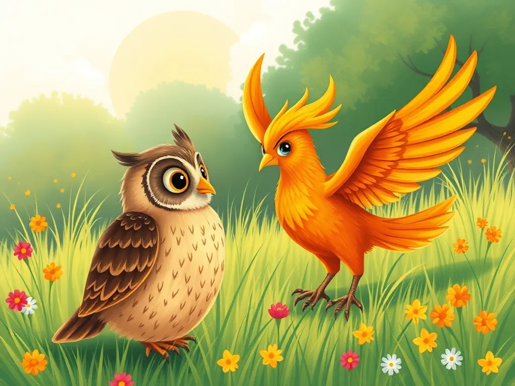 Ember's First Flight - Wise owl meeting nervous phoenix in meadow