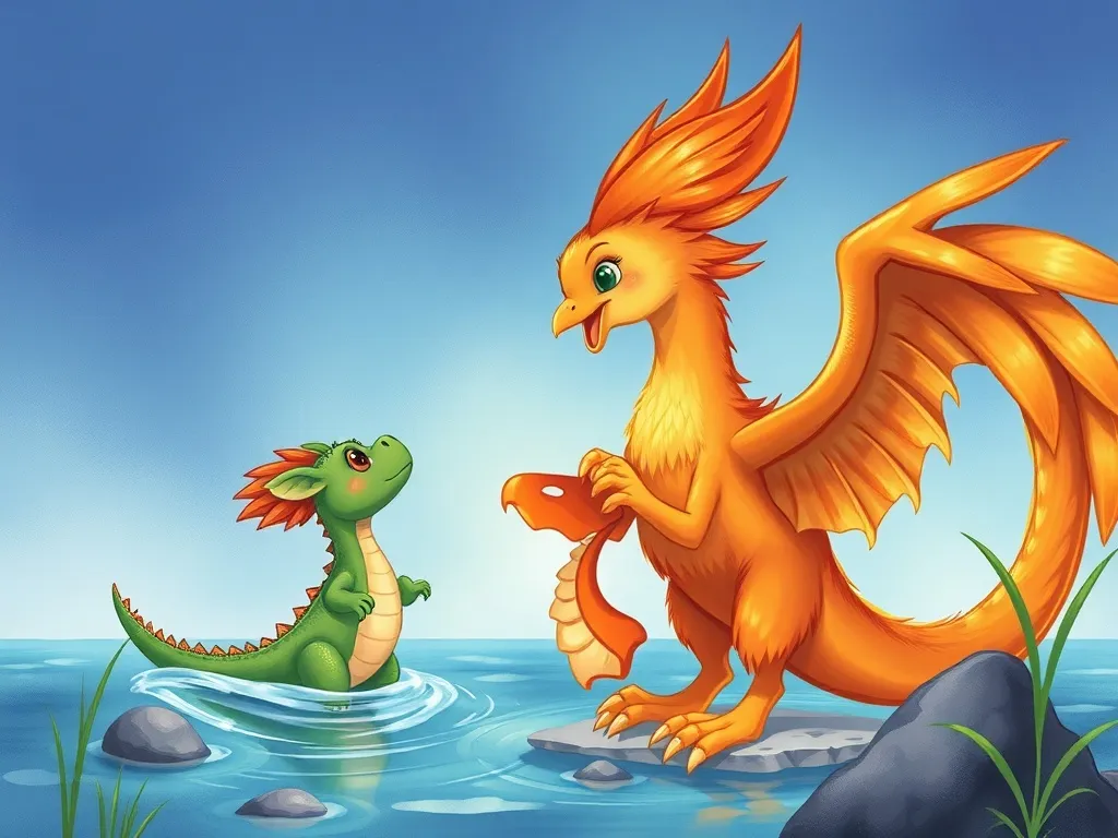 Ember's First Flight - Phoenix looking up at stranded baby dragon