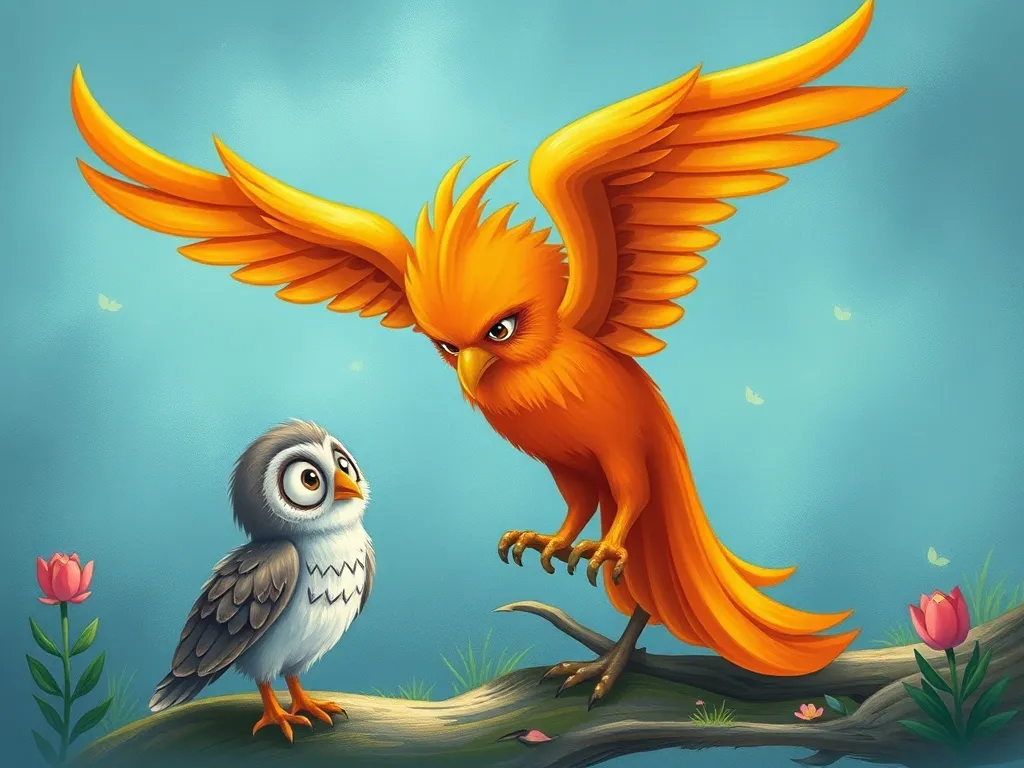 Ember&#x27;s Garden of Friendship - Wise owl meeting sad phoenix