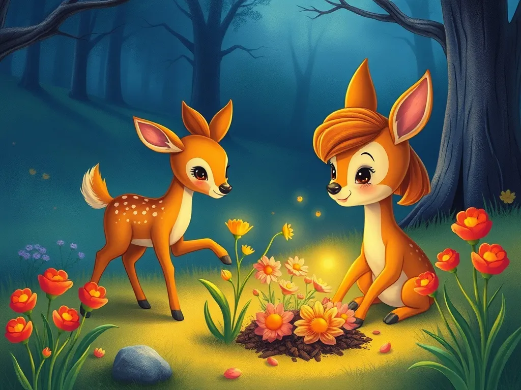 Ember's Garden of Friendship - Ember helping deer replant flowers