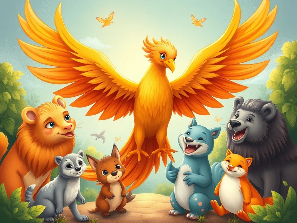 Ember's Garden of Friendship - Phoenix surrounded by happy animal friends