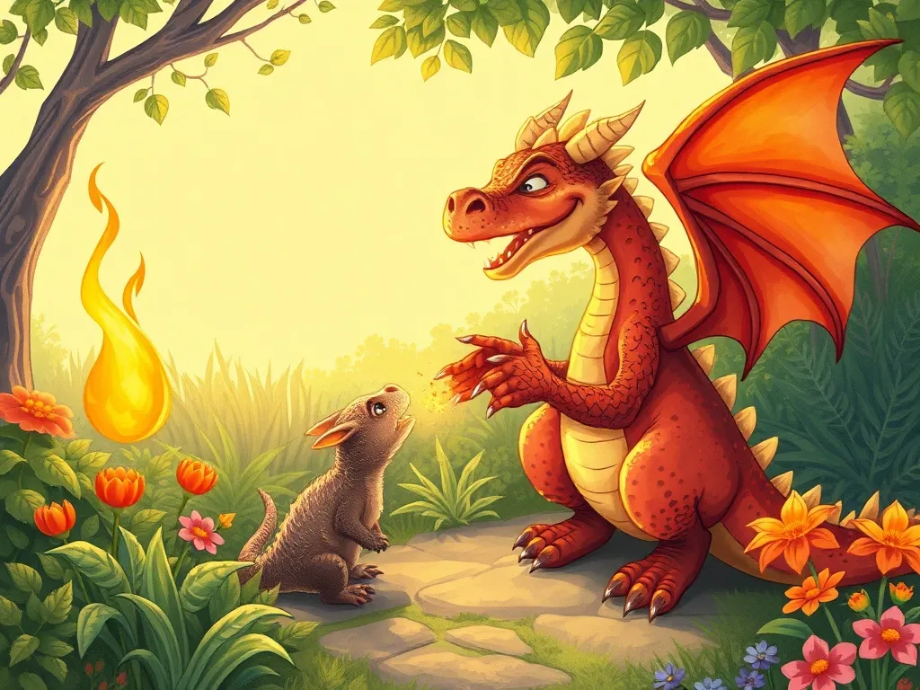 Ember&#x27;s Garden of Friendship - Ember welcoming young dragon to garden