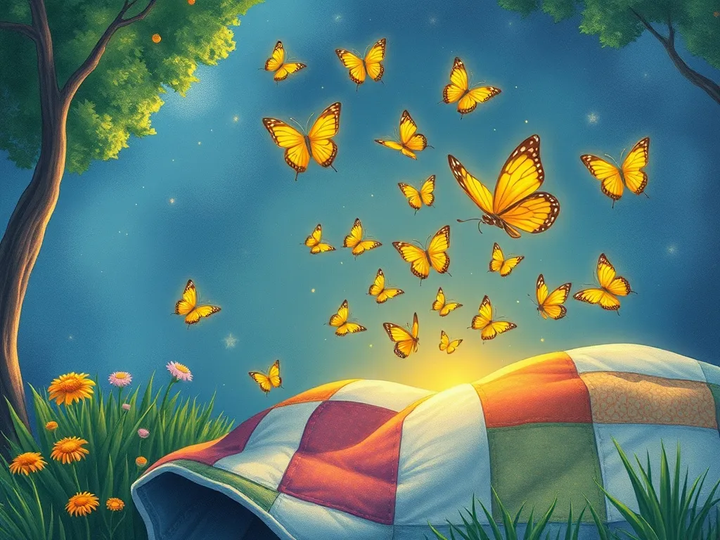 Emma and the Floating Quilt Garden - Mended quilt releasing golden butterflies