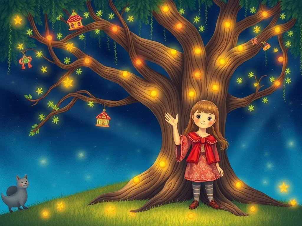 Emma and the Whispering Woods - Tree spirit greeting Emma with light patterns