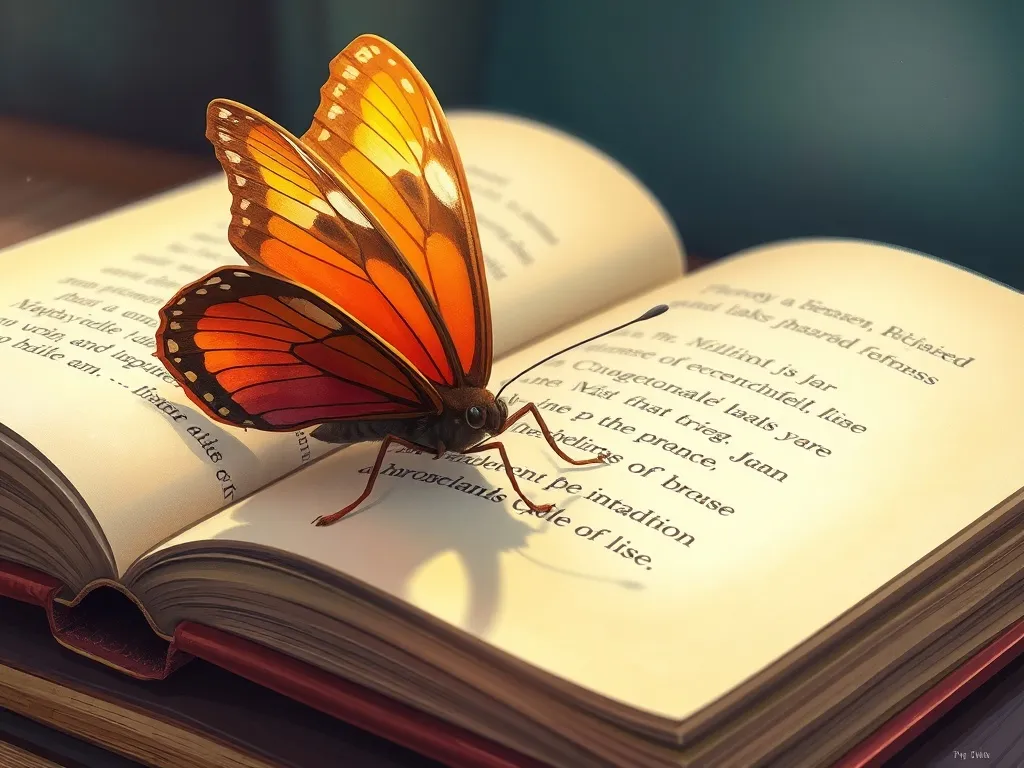 Emma's Butterfly Bridge - Injured butterfly resting on Emma's book pages