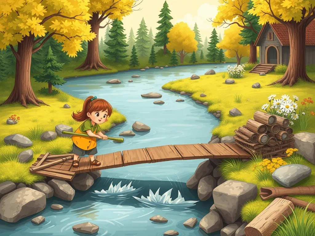 Emma's Butterfly Bridge - Emma gathering bridge materials along streambank