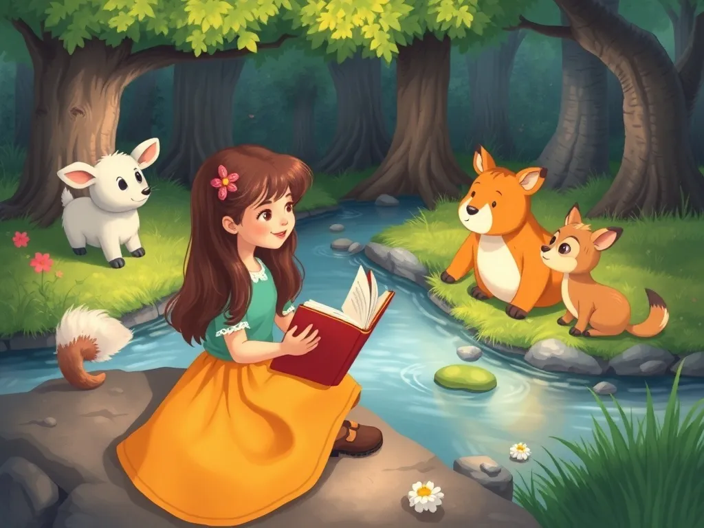 Emma's Butterfly Bridge - Emma reading to animal friends across stream