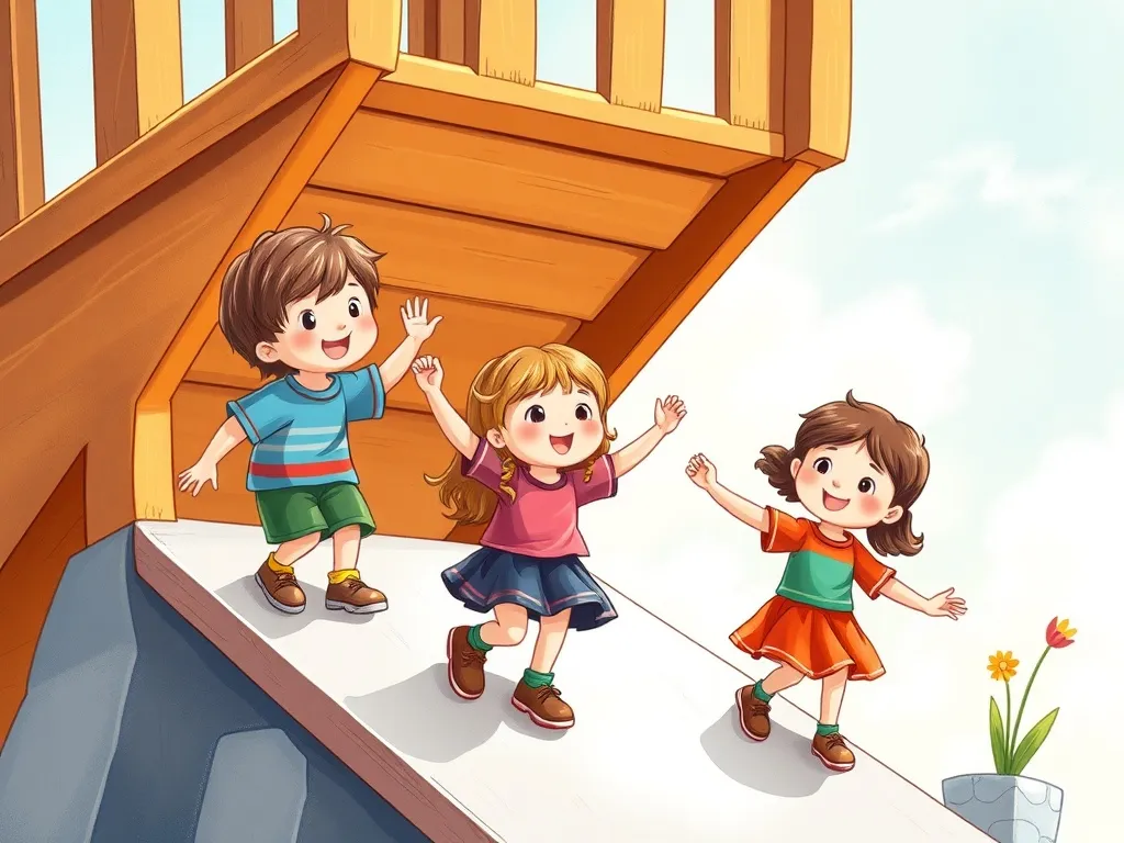 Emma's Rainbow River Adventure - Children joining hands at top of slide