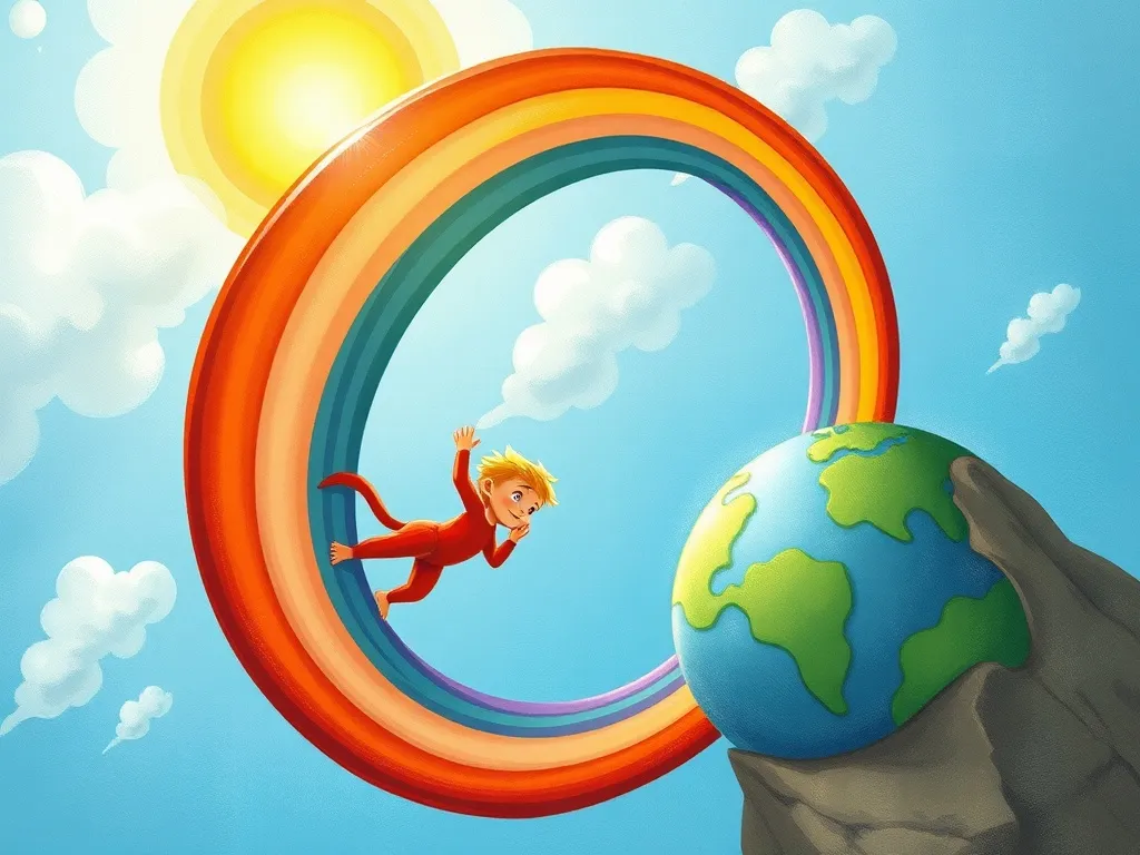 Felix and the Cloud Castle Temper - Felix sliding down a spiral rainbow to earth