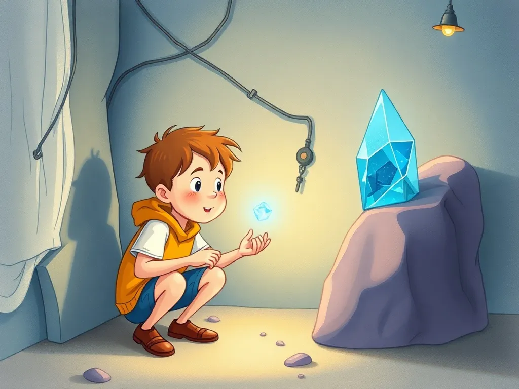 Finn and the Crystal's Song - Finn discovering quiet blue crystal in shaded corner