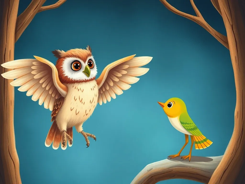 Finn and the Crystal&#x27;s Song - Owl demonstrating wing positions to attentive Finn