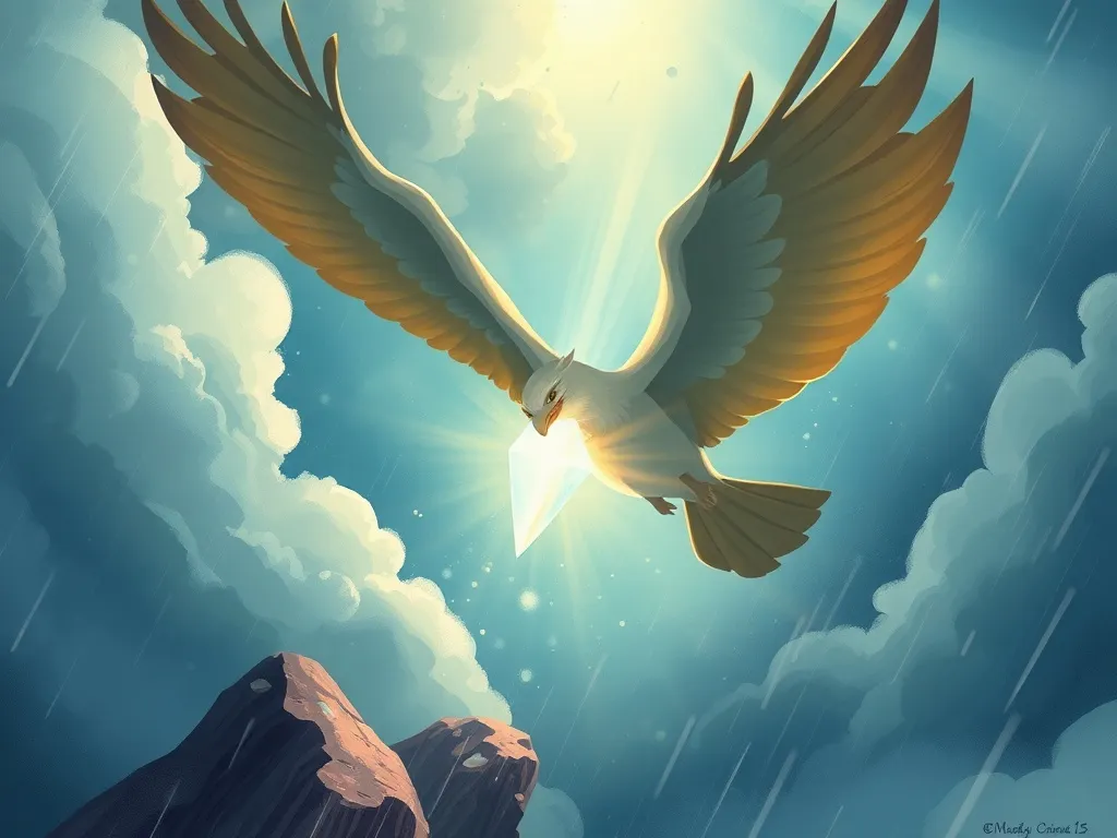 Finn and the Crystal&#x27;s Song - Finn soaring upward through storm, crystal glowing in his claws