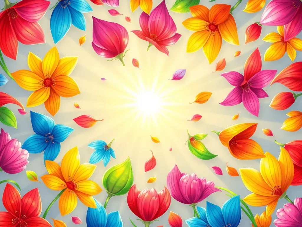 Finn's Flowering Courage - Swirling pattern of colorful petals dancing through sunbeams