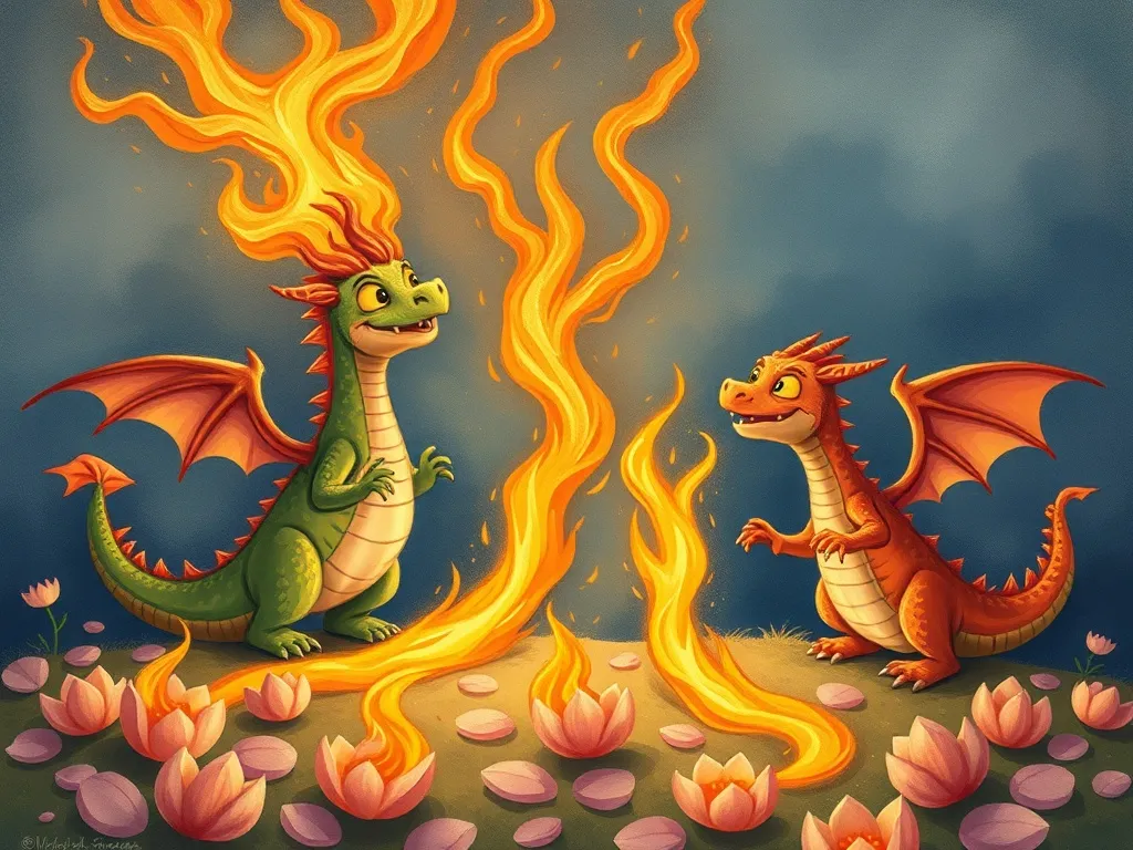 Finn's Flowering Courage - Young dragons practicing fire streams following Finn's petal paths