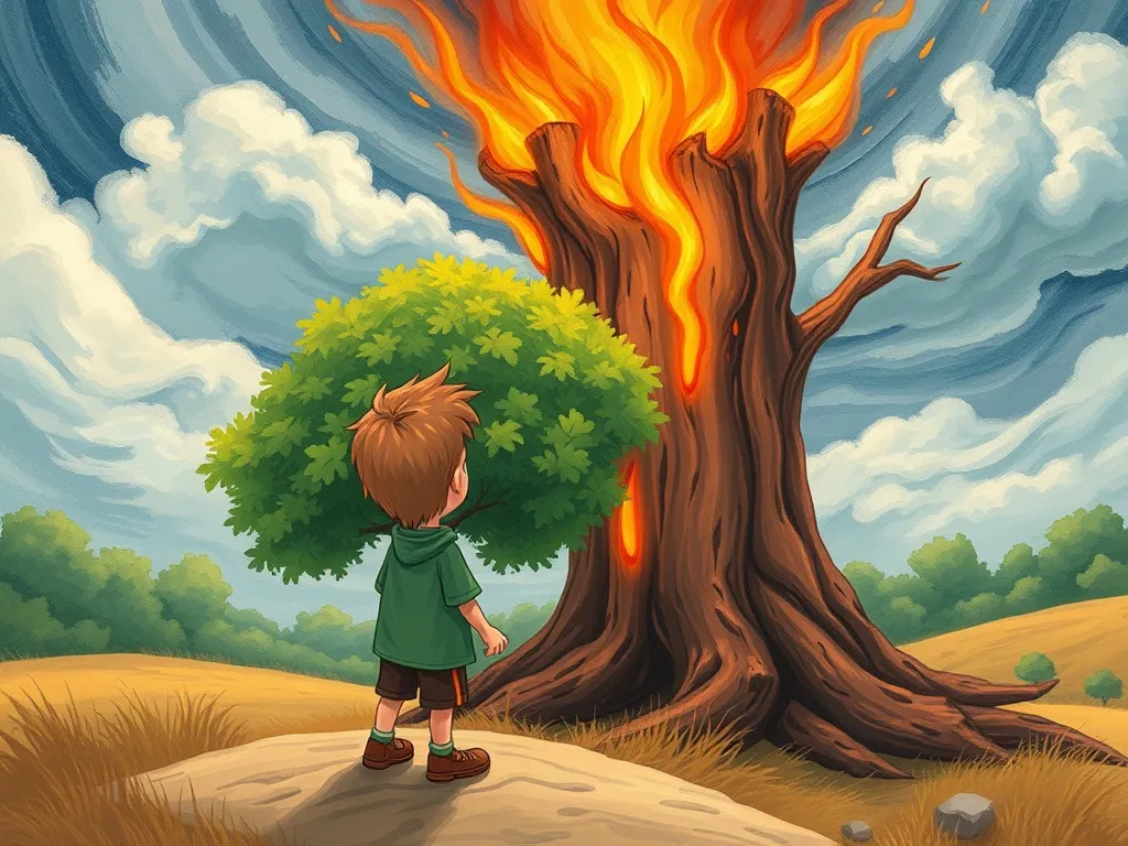 Finn's Flowering Courage - Finn facing the burning tree as storm clouds swirl overhead