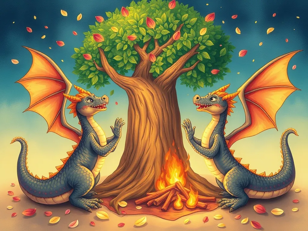 Finn's Flowering Courage - Dragons celebrating around the saved tree as petals and gentle flames mix