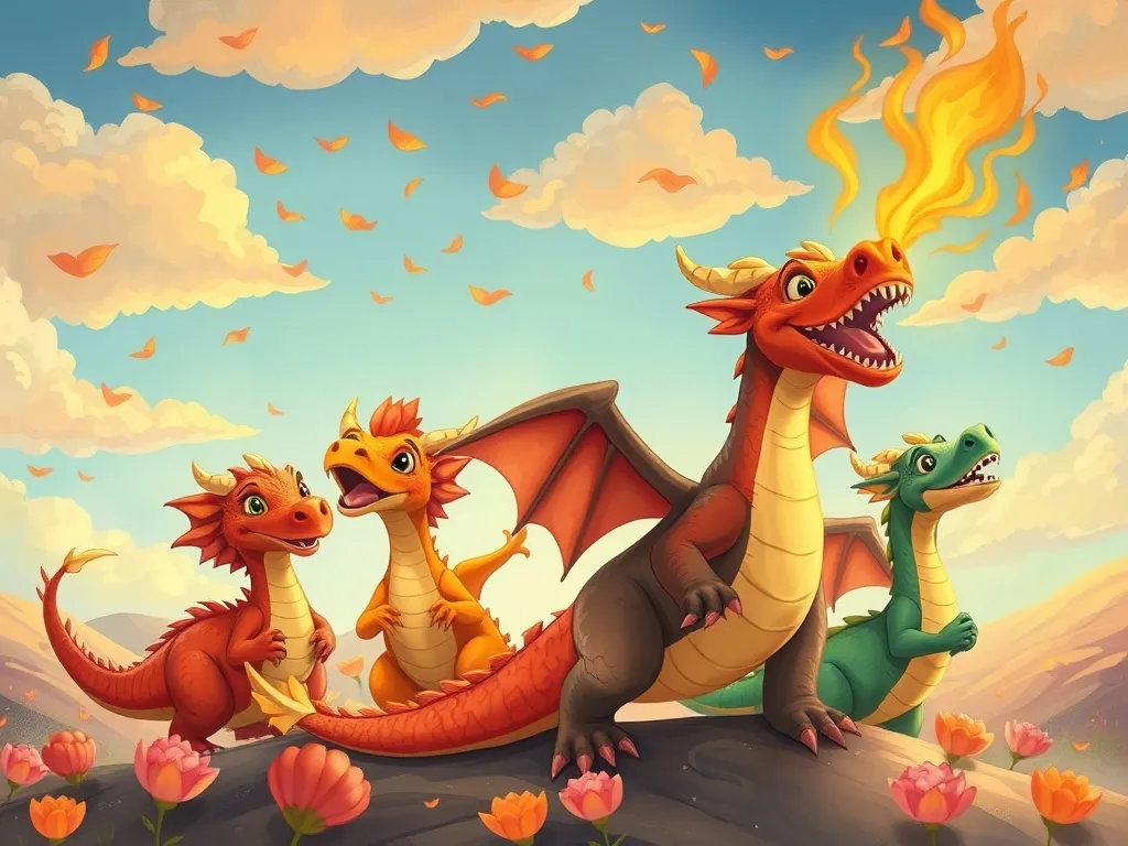 Finn's Flowering Courage - Finn leading a class of diverse young dragons, petals and flames painting the sky