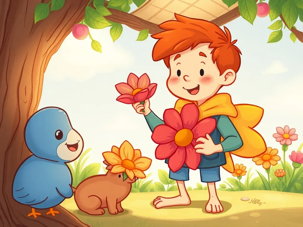 Finn's Petal-Perfect Questions - Finn showing visitors his petal art